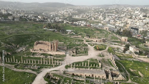 circling drone footage of the ruins near the city of jerash in jordan photo