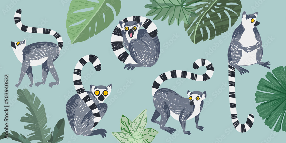 Set of five lemurs and tropical leaves, hand drawn - obrazy, fototapety, plakaty 