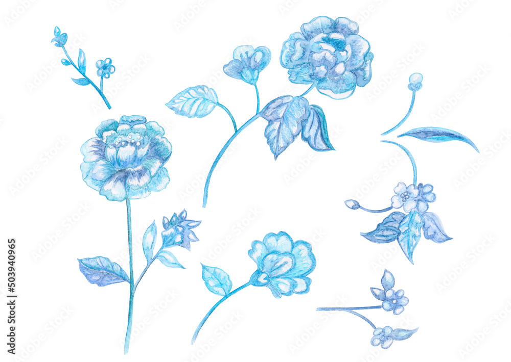 collection of decorative blue floral elements. watercolor painting