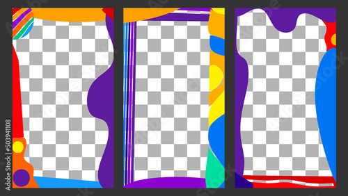 Abstract bright set. 3 in 1 Vertical frames 9x16 . Rainbow colors doodle shapes. Multicolored Abstract frame set for social network, media, story, mobile apps, telephone, greeting card.