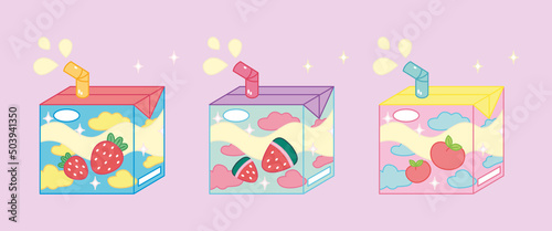 Set of three tasty juice boxes. Strawberry, peach and watermelon Asian product. Cute bright tasty milk. Kawaii Japanese style. Soft Drink in paper box.  Hand drawn color trendy vector illustration.