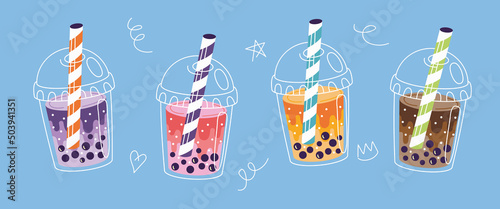 Set of four different Bubble tea cups. Taiwan milk tea with tapioca pearls. Boba tea Yummy Beverages. Asian Taiwanese soft drink. Cartoon style. Hand drawn colored trendy vector illustration.