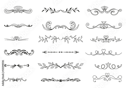 Divider thin line element vector set, border underline on text page, book, ornamental filigree separator design