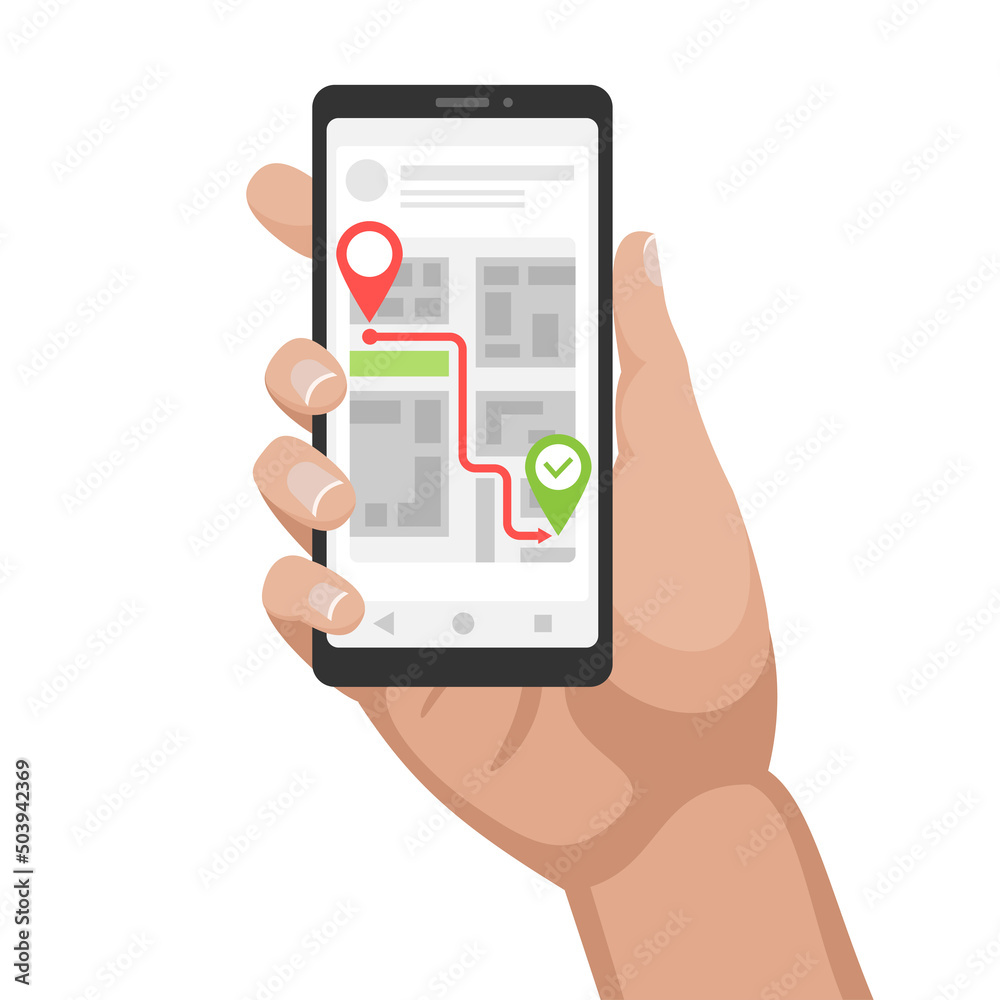 Smartphone with delivery tracking app. Navigating the app on your phone. Vector stock illustration.