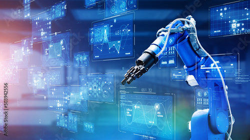 Obraz na płótnie Robot arm and technology concept. Factory automation. Electronics.
