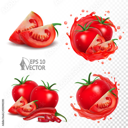 Ripe tomatoes and chili peppers, realistic tomato juice splash, natural tomato set isolated on white background, 3d vector illustration food and drink