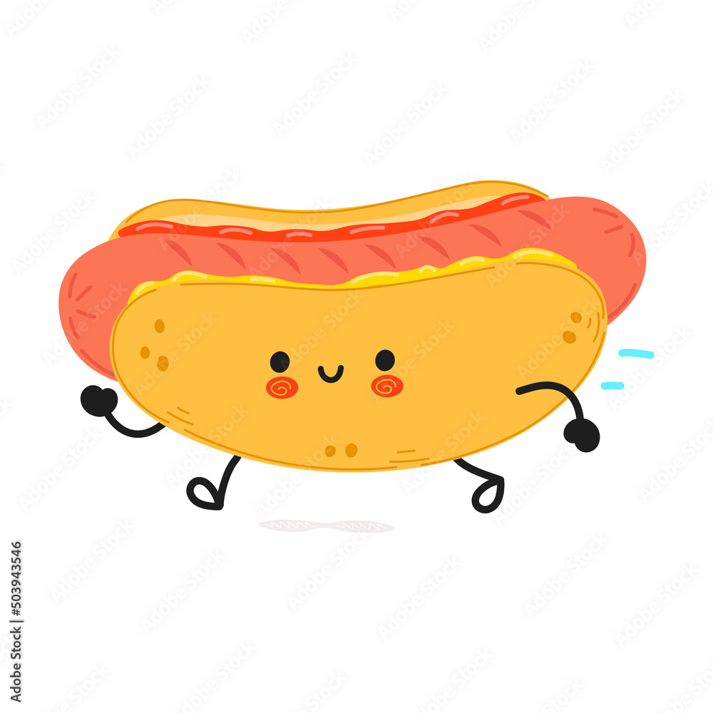 Cute funny running hotdog. Vector hand drawn cartoon kawaii character illustration icon. Isolated on white background. Run happy hot dog concept Cute funny running hotdog. Vector hand drawn cartoon kawaii character illustration icon. Isolated on white background. Run happy hot dog concept