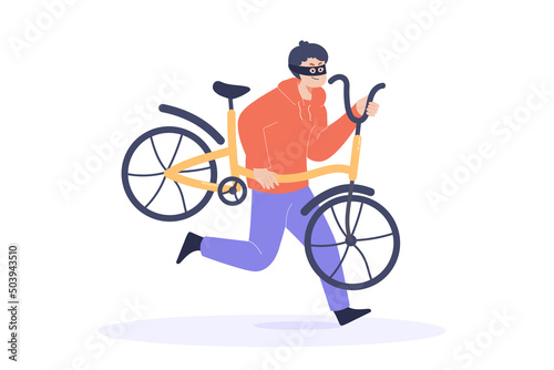 Thief stealing bicycle flat vector illustration. Criminal or burglar in black mask running with stolen bike, breaking law. Theft, robbery, vehicle, transport, outlaw concept photo