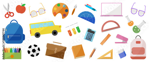 Welcome back to school vector elements. Cute hand drawn flat color with school stuffs, objects, book, pencil, pen in doodle style. Adorable banner design for education, prints, decorative, kids.