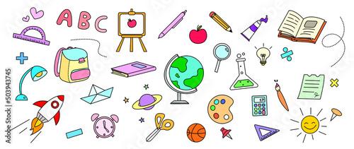 Welcome back to school vector elements. Cute hand drawn flat color with school stuffs, objects, book, pencil, pen in doodle style. Adorable banner design for education, prints, decorative, kids.