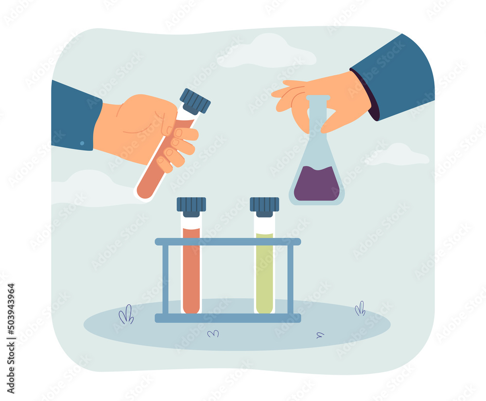 Glass flasks in human hands flat vector illustration. Scientists conducting experiments in laboratory. Science, medicine, chemistry concept for banner, website design or landing web page Glass flasks in human hands flat vector illustration. Scientists conducting experiments in laboratory. Science, medicine, chemistry concept for banner, website design or landing web page