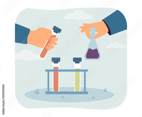Glass flasks in human hands flat vector illustration. Scientists conducting experiments in laboratory. Science, medicine, chemistry concept for banner, website design or landing web page