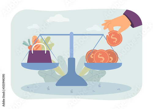 Gold coins and bag with products on scale. Money and products on balanced weight. Food prices, finance, balance, grocery concept for banner, website design or landing web page