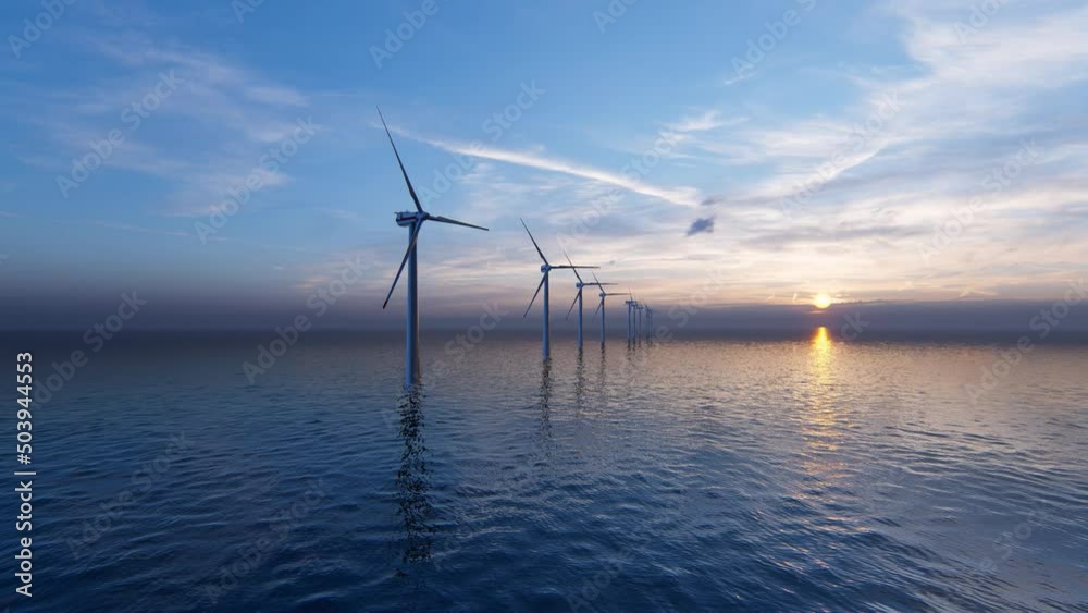 Windmill park. Offshore wind turbines farm on the ocean. Sustainable energy production. Green Energy, clean power, clean energy concept.