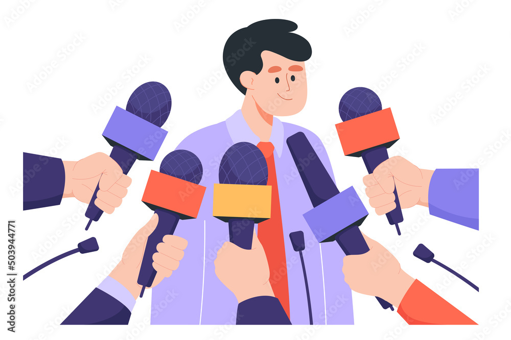 Man giving interview to public press flat vector illustration. Guy giving opinion and comments to mass media. Journalists holding mics or microphones. Television, conference concept Man giving interview to public press flat vector illustration. Guy giving opinion and comments to mass media. Journalists holding mics or microphones. Television, conference concept