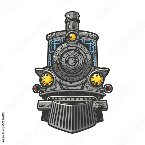 Steam locomotive color sketch engraving vector illustration. T-shirt apparel print design. Scratch board imitation. Black and white hand drawn image.