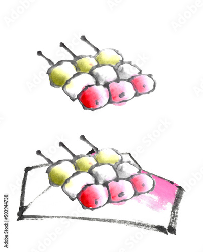 水墨画技法で描いたお団子と敷き紙