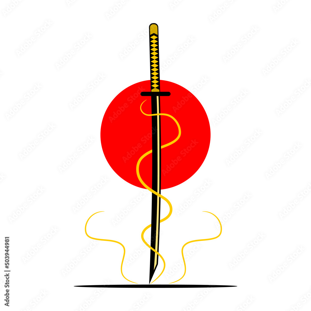 Katana sword samurai with thunder lightning and red circle japanese style tattoo flat vector icon design. Katana sword samurai with thunder lightning and red circle japanese style tattoo flat vector icon design.