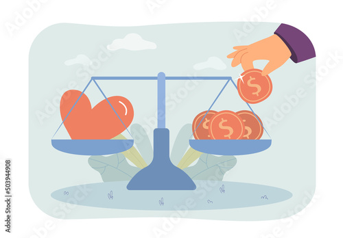 Hearts and gold coins on scale flat vector illustration. Balance between love or romance and money. Comparison, measurement concept for banner, website design or landing web page