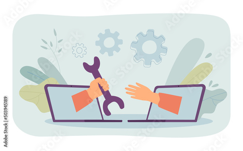 Hand out of laptop screen giving wrench to another hand. Person repairing computer flat vector illustration. Technical support, service, help concept for banner, website design or landing web page