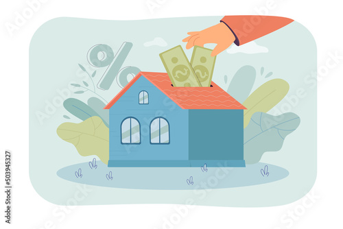 Huge hand putting money in house flat vector illustration. People buying real estate or property, taking credit, borrowing money. Mortgage concept for banner, website design or landing web page