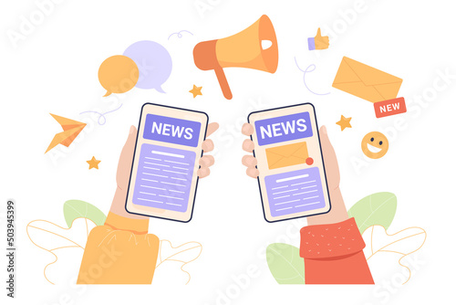 Hands holding mobile phones with news on screen. People reading newsletter or blog online on internet using cellphone app flat vector illustration. Journalism, social media, newspaper concept