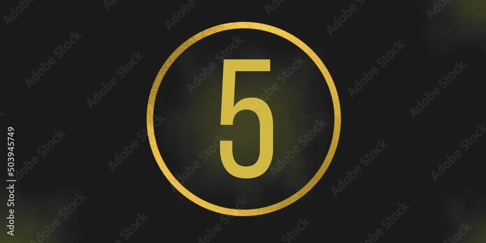 Number 5. Banner with the number five on a black background and gold details with a circle gold in the middle Number 5. Banner with the number five on a black background and gold details with a circle gold in the middle