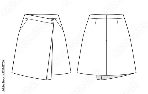 Fashion technical drawing of asymmetric wrap mini skirt