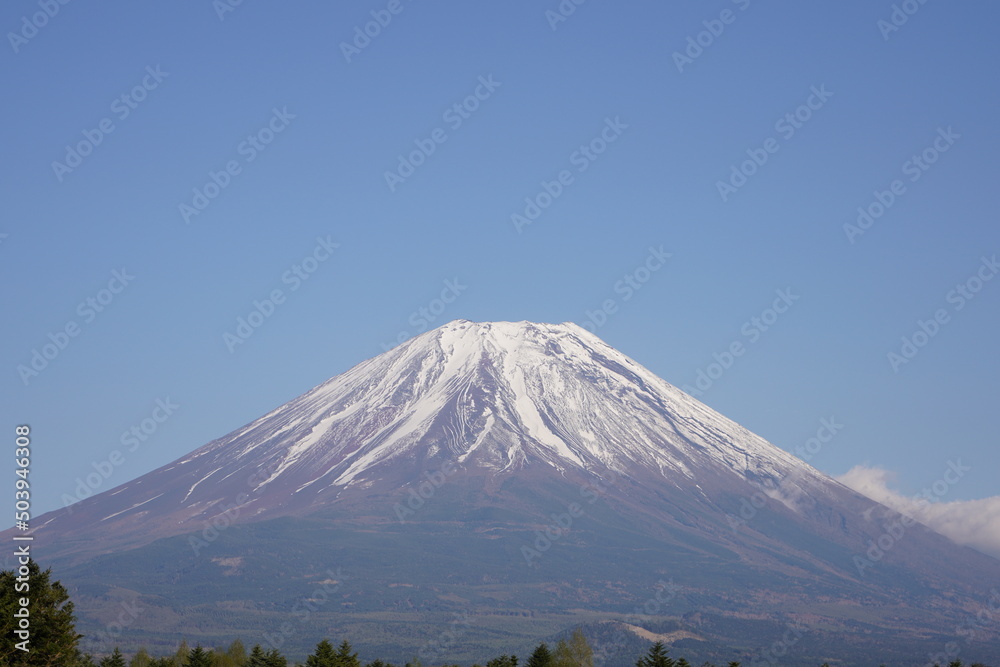 日本の山梨県の富士山麓の駐車場から富士山を眺める