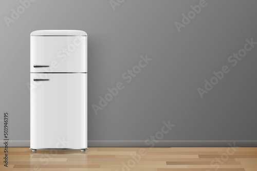 Vector Banner with 3d Realistic Glossy White Retro Vintage Fridge. Vertical Simple Refrigerator. Closed Fridge. Design Template, Mockup of Fridge. Front View
