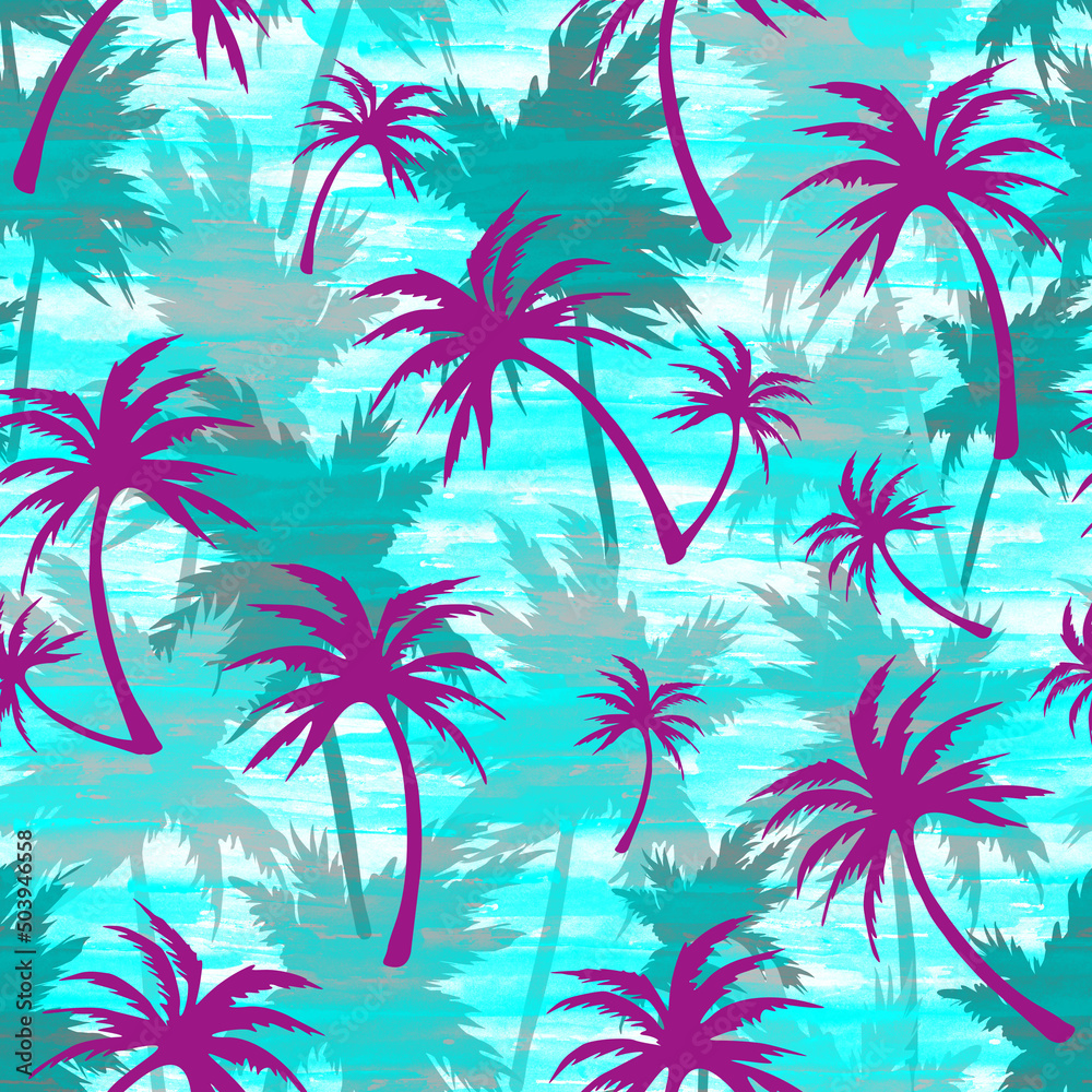 Silhouettes of purple tropical palm trees on a blue background, seamless tropical pattern