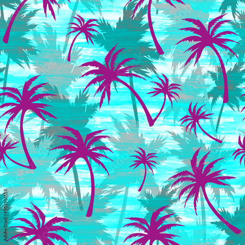 Silhouettes of purple tropical palm trees on a blue background, seamless tropical pattern © AineGing