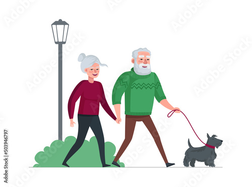 Elderly couple retired grandparents walking with dog at park. Old people spending time outdoor. Senior persons enjoying promenade with pet. Family leisure relationships. Vector eps illustration