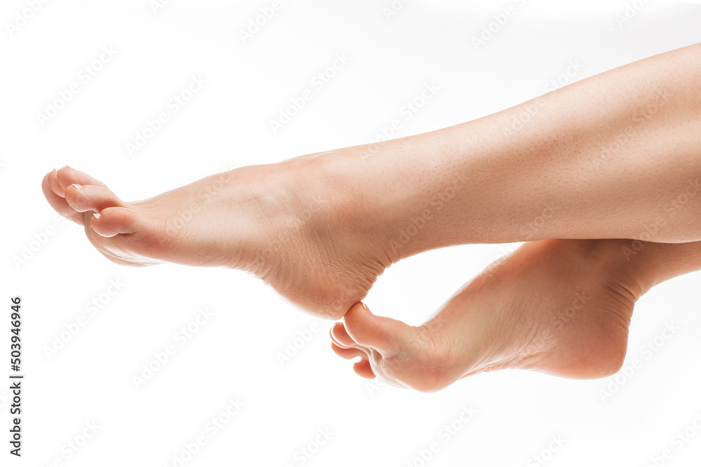 Female feet with smooth soft skin after hair removal treatment - obrazy, fototapety, plakaty 