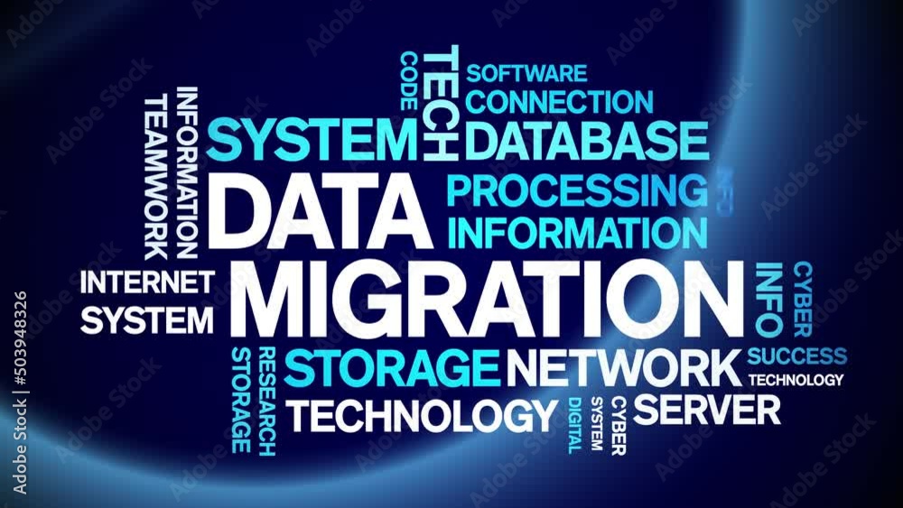 Data Migration animated tag word cloud;text design animation kinetic typography seamless loop.
