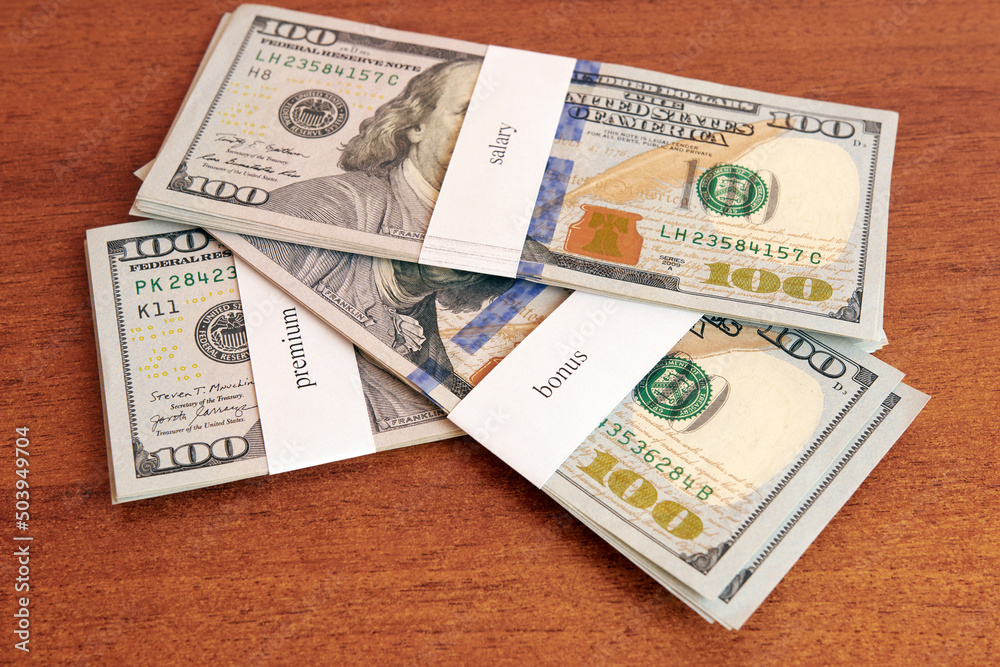 Bundles of dollars with the words salary, premium, bonus. Bundles of dollars with the words salary, premium, bonus.