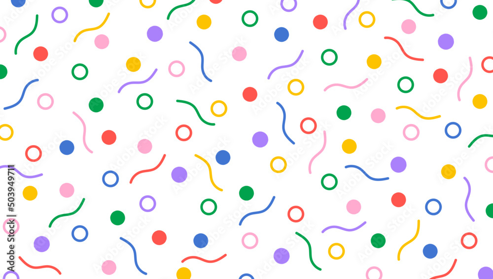 Festive seamless pattern drawn by hand. Cute print with confetti. Creative minimalist style art background. Fun colorful doodle seamless pattern. Abstract random colorful figures.