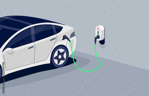 Electric car charging in underground garage plugged to home charger station. Battery EV vehicle standing parking lot connected to wall box. Vector illustration being charged with power supply socket. 