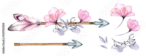 Watercolor arrows and flowers. Collection of separate elements. Banner with tribal boho feathers, transparent roses. Hand painted abstract illustration for print, logo and girl birthday invitation