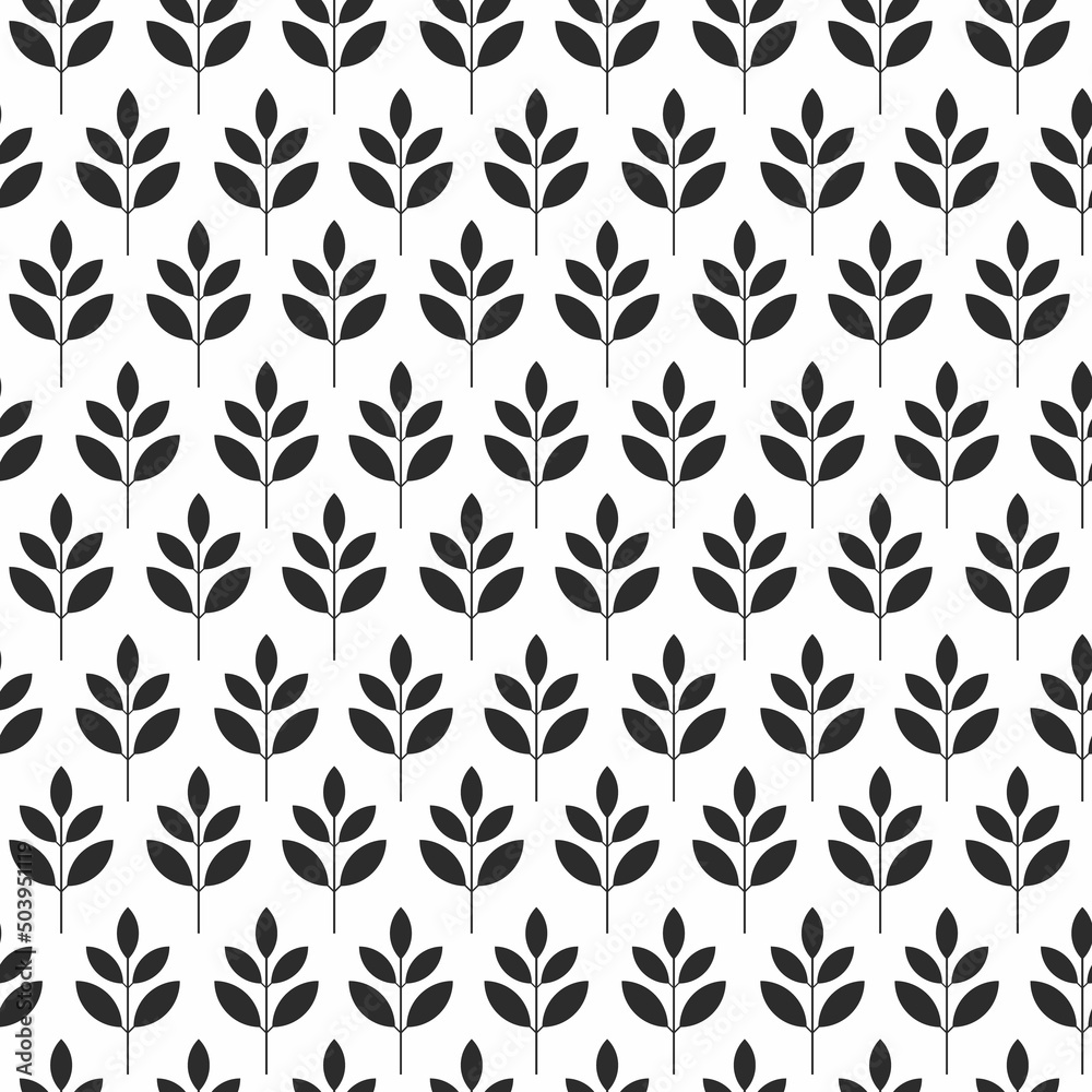 Vector seamless pattern. Graphic leaf vector illustration. Black leaves branches on white background. Retro pastel floral wallpaper. Botanical  backdrop. Template for print, design, banner, card.