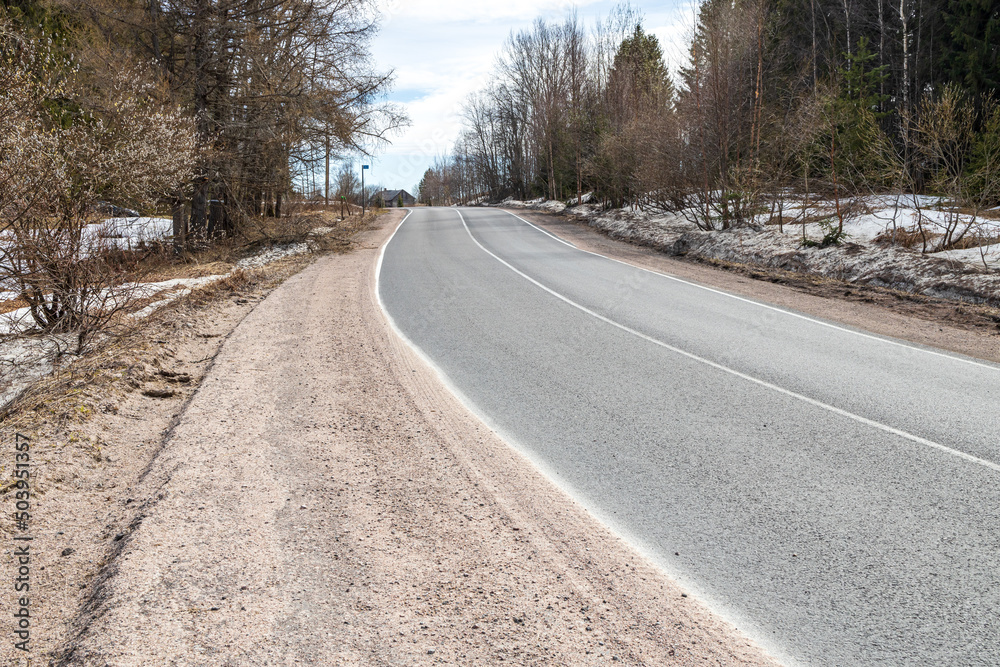 Narrow asphalt road between settlements in Karelia - obrazy, fototapety, plakaty 
