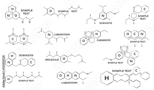 Molecule futuristic text logo information icons simple shape collection. Chemical cell scientific medical sign for UX web design illustration vector.