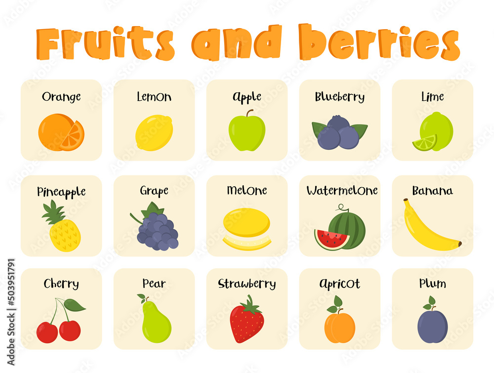 Flashcards for kids with inscription title of fruits and berries. Kids preschool playing, learning activity. Educational cards for the development of logical thinking. Worksheet for preschoolers.