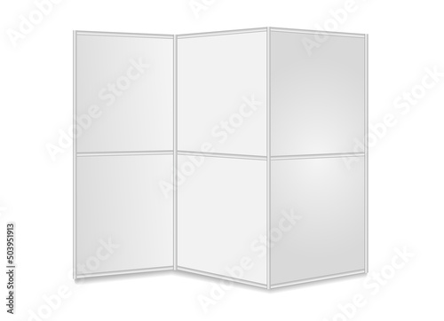 Portable banner with three panels for presentation. Mobile exhibition folding Stand. White Mockup. Fold Up display board. Vector realistic template. EPS10.