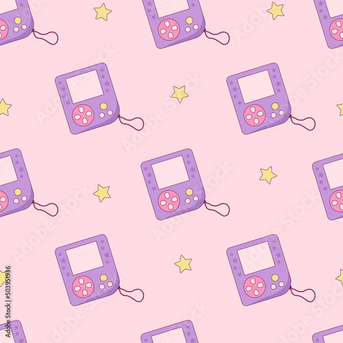 Purple retro portable pocket game of 90s with stars vector seamless pattern