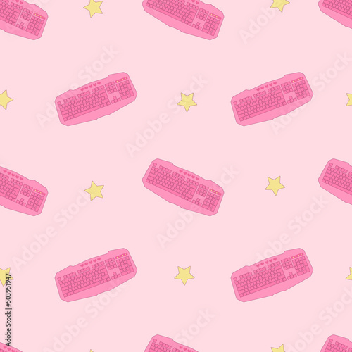 Pink vintage keyboard for girls vector seamless pattern. Cute pink gaming keyboard with cat paw and hearts.