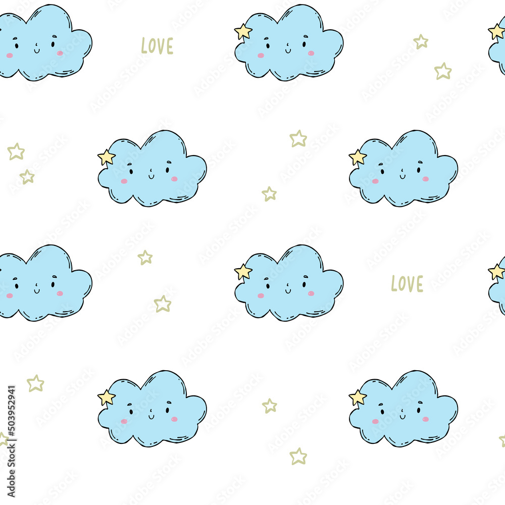 Little cute happy clouds with stars. White pattern and scrapbooking love paper for baby. Little cute happy clouds with stars. White pattern and scrapbooking love paper for baby.