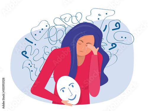 woman suffers from obsessive thoughts; headache; unresolved issues; psychological trauma; depression.Mental stress panic mind disorder illustration Flat vector illustration.