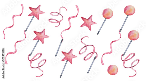 Watercolor illustration of hand painted pink, orange lollipop candy, sweets for children in the form of star and round. Sticks with laces for gymnastics. Isolated clip art elements for cards, patterns