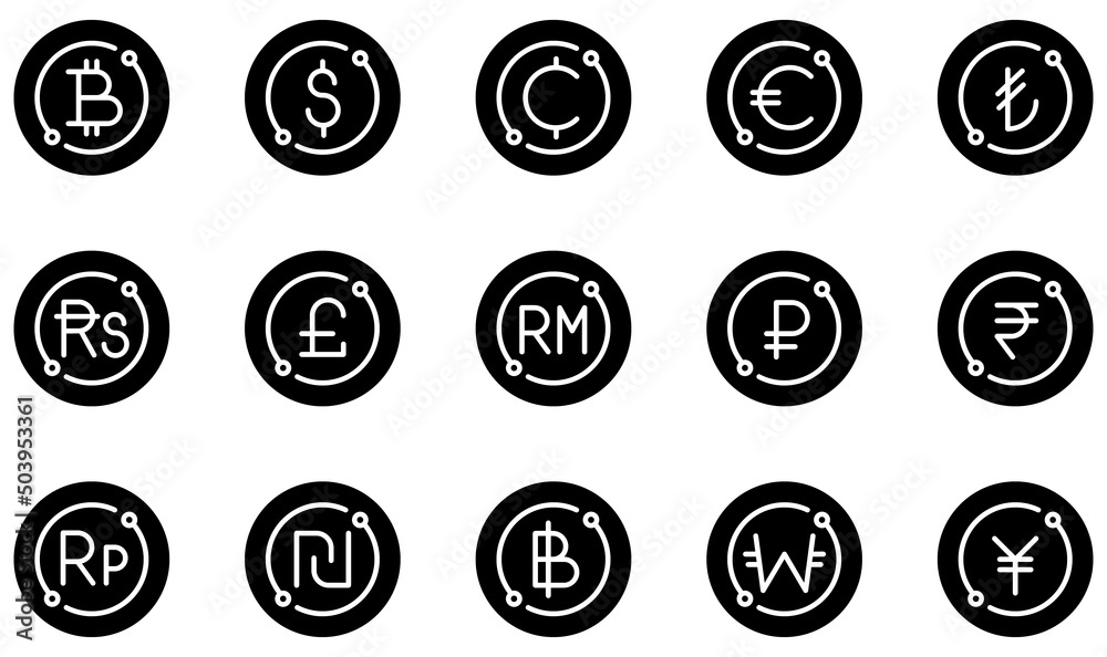 Set of Vector Icons Related to Currency. Contains such Icons as Bitcoin, Dollar, Cents, Euro, Pound, Baht and more. Set of Vector Icons Related to Currency. Contains such Icons as Bitcoin, Dollar, Cents, Euro, Pound, Baht and more.